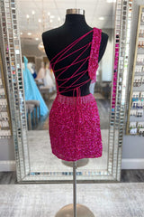 Fuchsia One Shoulder Sequins Lace-Up Sheath Homecoming Dress with Tassels