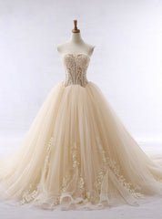 Lace Applique Champagne Tulle Sweetheart Neckline Wedding Dresses