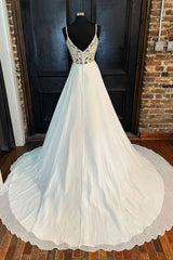 Lace Back White V-Neck A-Line Long Bridal Dress Chiffon Wedding Dresses