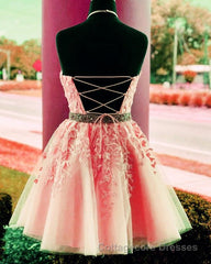 Lace Embroidery Halter Tulle Homecoming Dresses Cross Back