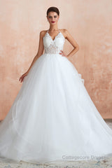 Lace Halter See-through Multi-Layers White Wedding Dresses with Open Back