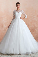 Lace Jewel White Tulle Wedding Dresses with 3/4 Sleeves