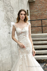 Lace Mermaid Ivory Wedding Dresses with Short Sleeves