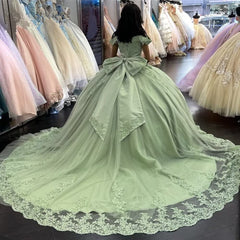 Lace Sage Green Quinceanera Dresses Applique Off Shoulder Dresses