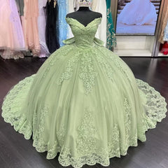 Lace Sage Green Quinceanera Dresses Applique Off Shoulder Dresses