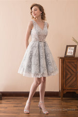 Lace V Neck Grey Short Homecoming Dresses with Ribbon