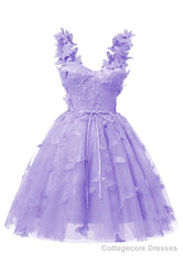 Lavender 3D Butterfly Lace Applique Tulle Homecoming Dress for Teens Sweetheart Mini Short Prom Dresses