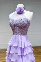 Lavender A line High Neck Tiered Chiffon Prom Dresses with 3D Flower