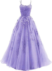 Lavender A-line Tulle with Lace Long Party Dresses, Straps Lavender Prom Dresses