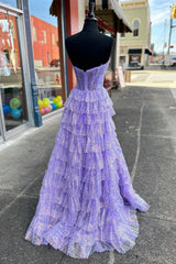 Lavender Glitter Tulle Corset Ruffle Tiered Long Prom Dresses with Slit