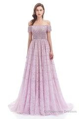 Lavender Lace Off the Shoulder Beaded Sequins Sweep-Train A-Line Prom Dresses