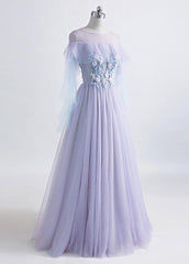 Lavender Off Shoulder Flower Lace Long Party Dresses, A-line Purple Prom Dresses Formal Dresses