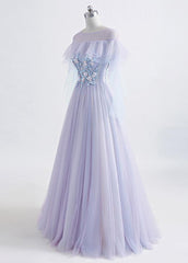 Lavender Off Shoulder Flower Lace Long Party Dresses, A-line Purple Prom Dresses Formal Dresses