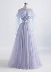 Lavender Off Shoulder Flower Lace Long Party Dresses, A-line Purple Prom Dresses Formal Dresses