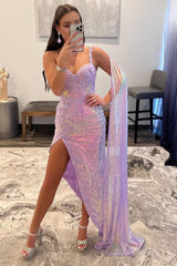 lavender one shoulder sequin corset prom dress with slit