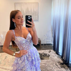 Lavender Princess A Line Off the Shoulder Corset Prom Dress with Lace Ruffles