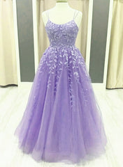 Lavender Spaghetti-Straps Lace Appliques Tulle Floor Length, Lavender A-Line Prom Dresses