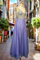 Lavender Tulle Prom Dresses A-line/Princess Long/Floor-Length Sleeveless With Beading Sequins Evening Dresses