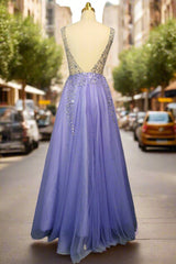 Lavender Tulle Prom Dresses A-line/Princess Long/Floor-Length Sleeveless With Beading Sequins Evening Dresses