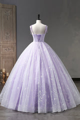 Lavender Tulle Straps Floor Length Evening Dress, Lavender A-Line Prom Dress