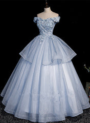 Light Blue Ball Gown Tulle with Lace Formal Dresses, Blue Sweet 16 Dresses