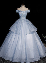 Light Blue Ball Gown Tulle with Lace Formal Dresses, Blue Sweet 16 Dresses