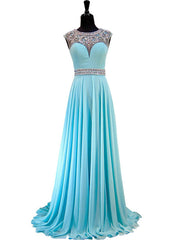 Light Blue Beaded Crystals Sheer Back African Chiffon Prom Dresses