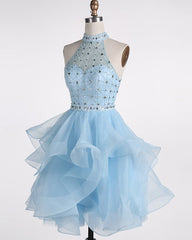 Light Blue Beaded Layers Knee Length Party Dresses, Blue Homecoming Dresses Short Prom Dresses