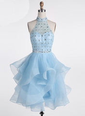 Light Blue Beaded Layers Knee Length Party Dresses, Blue Homecoming Dresses Short Prom Dresses