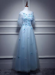 Light Blue Flowers Long Party Dresses, A-line Tulle Party Dresses Evening Dresses