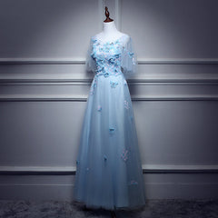 Light Blue Flowers Long Party Dresses, A-line Tulle Party Dresses Evening Dresses