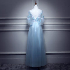 Light Blue Flowers Long Party Dresses, A-line Tulle Party Dresses Evening Dresses