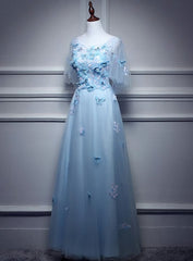 Light Blue Flowers Long Party Dresses, A-line Tulle Party Dresses Evening Dresses