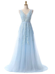 Light Blue Lace Appliques Backless Prom Dresses