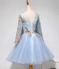 Light Blue Long Sleeves with Gold Lace Cute Homecoming Dress, Blue Short Prom Dress