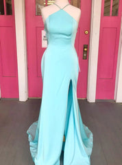 Light Blue Mermaid Halter Prom Dresses