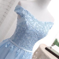 Light Blue Off Shoulder Tulle Party Dress, Blue Homecoming Dresses