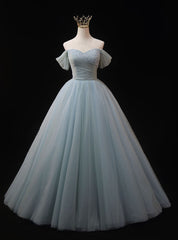 Light Blue Off the Shoulder Tulle Beading Prom Dresses