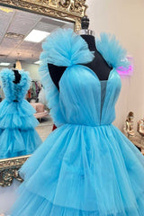 Light Blue Ruffle Straps A-Line Tiered Prom Dresses