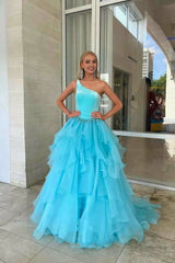 Light Blue Ruffle Straps A-Line Tiered Prom Dresses