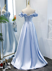 Light Blue Satin A-line Off Shoulder Long Formal Dress, Light Blue Evening Dress Prom Dress