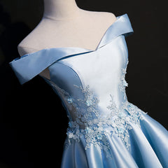 Light Blue Satin with Lace Applique High Low Homecoming Dresses, Blue Short Off Shoulder Formal Dresses