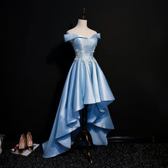 Light Blue Satin with Lace Applique High Low Homecoming Dresses, Blue Short Off Shoulder Formal Dresses