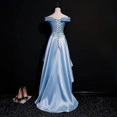 Light Blue Satin with Lace Applique High Low Homecoming Dresses, Blue Short Off Shoulder Formal Dresses