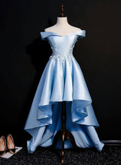 Light Blue Satin with Lace Applique High Low Homecoming Dresses, Blue Short Off Shoulder Formal Dresses