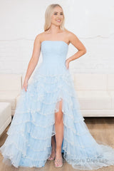 Light Blue Strapless Layered Tulle Prom Dress with Sequins