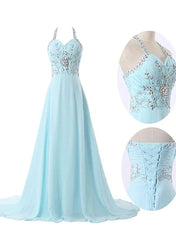 Light Blue Straps Chiffon Beaded Long Formal Dresses, Charming Party Gowns