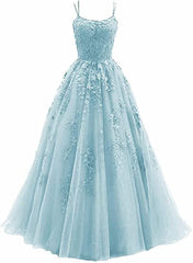 Light Blue Straps Cross Back Tulle with Lace Applique Prom Dresses, Blue Formal Dresses