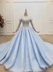 Light Blue Tuille High Neck Long Sleeve Beading Wedding Dresses