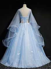 Light Blue Tulle A-line Party Dresses Blue Sweet 16 Gown with Flowers prom Dresses shops